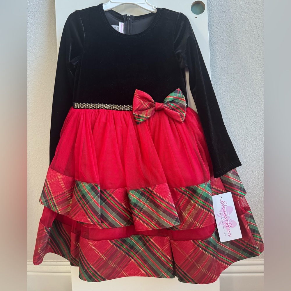 Bonnie Jean Girls Church Holiday Dress Black Velvet Top Red Tulle